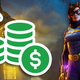 Batgirl stands next to a large stack of green coins and a big, upward pointing arrow.